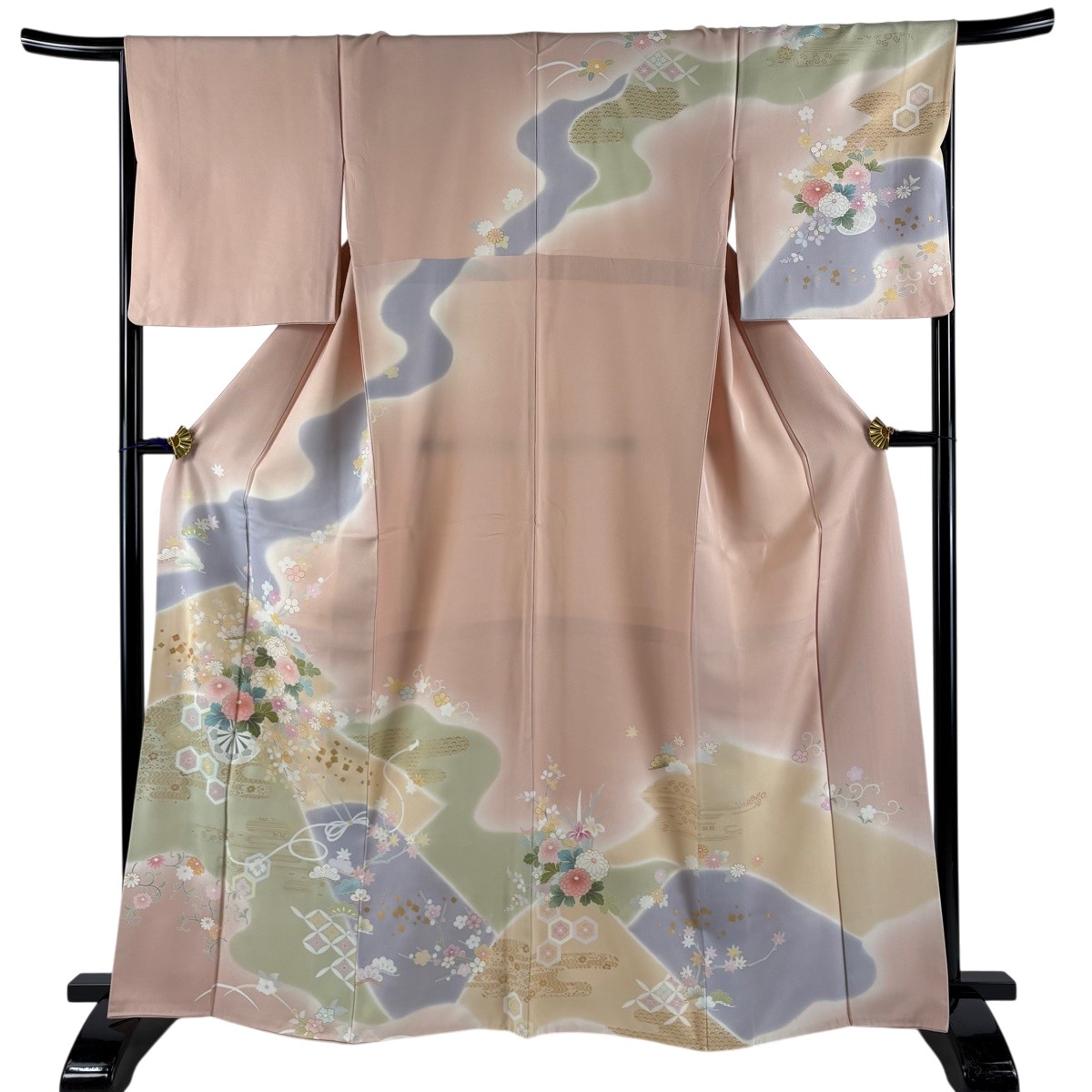 【美品】 短い訪問着 身の丈163.5珊 裄丈67.5珊 L 袷 割れ易い 箔散らし広告 金彩 染め分け さくら色 正絹 秀品 【中古】 msp30