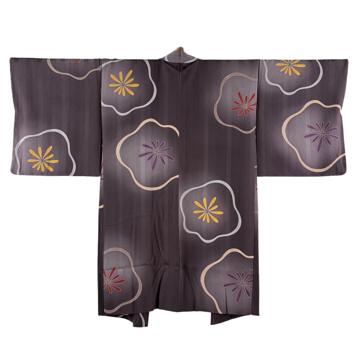 【美品】 羽織 身たけ105糎 裄丈66糎 M 梅 縦縞 ぼかし 茶紫 正絹 珠玉 【中古】 msp29