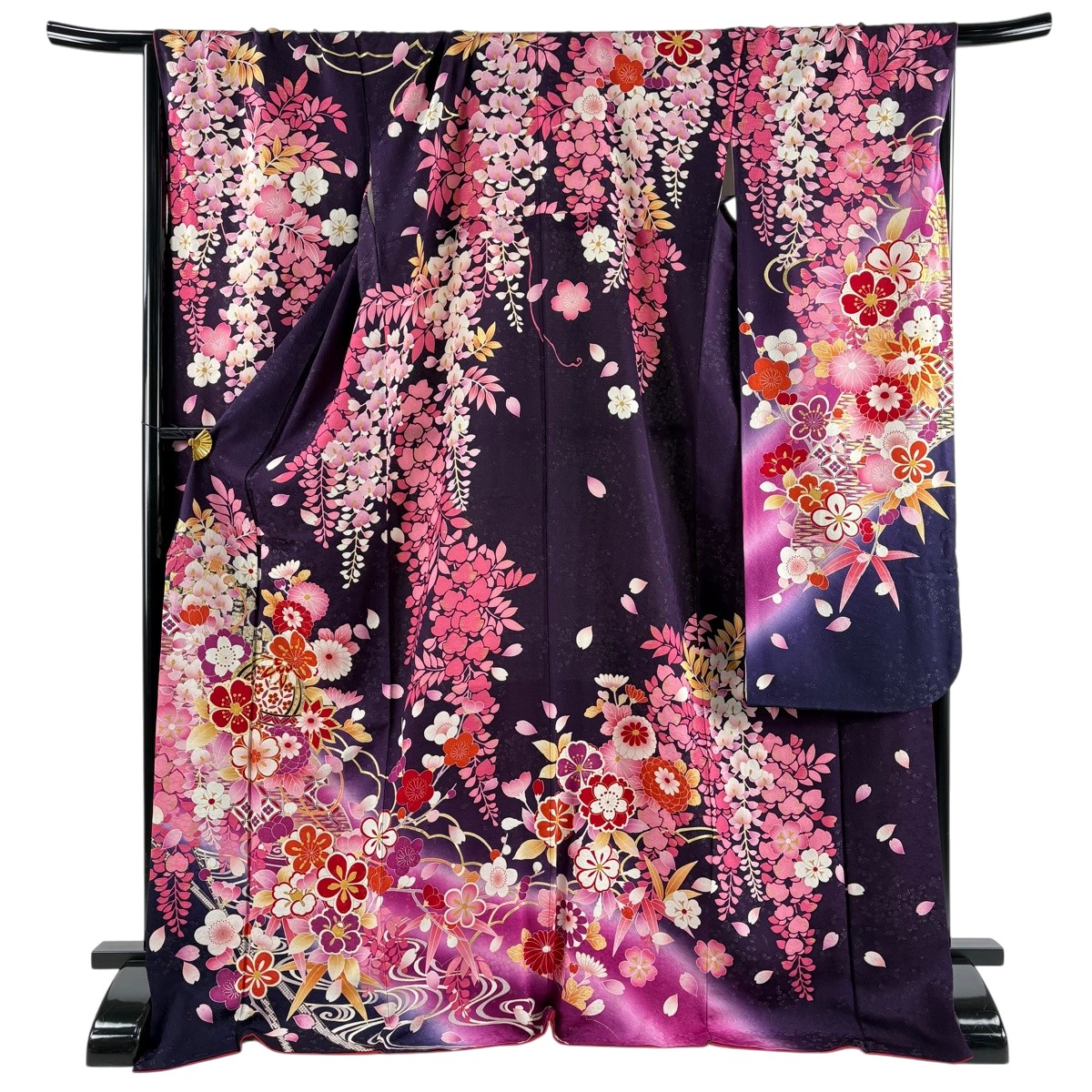 【美品】 振袖 身たけ174糎 裄丈72糎 L 袷 手鞠 桜 銀通し 金彩 濃紫 正絹 珠玉 【中古】