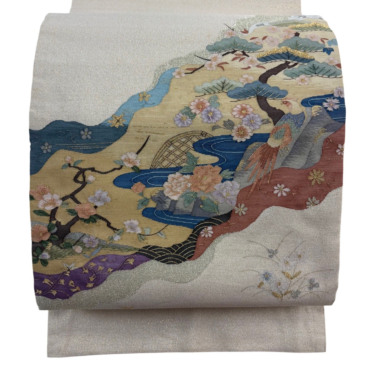 袋帯 珠玉 花鳥 松 現ナマ糸 ベージュ お太鼓柄 正絹 【中古】