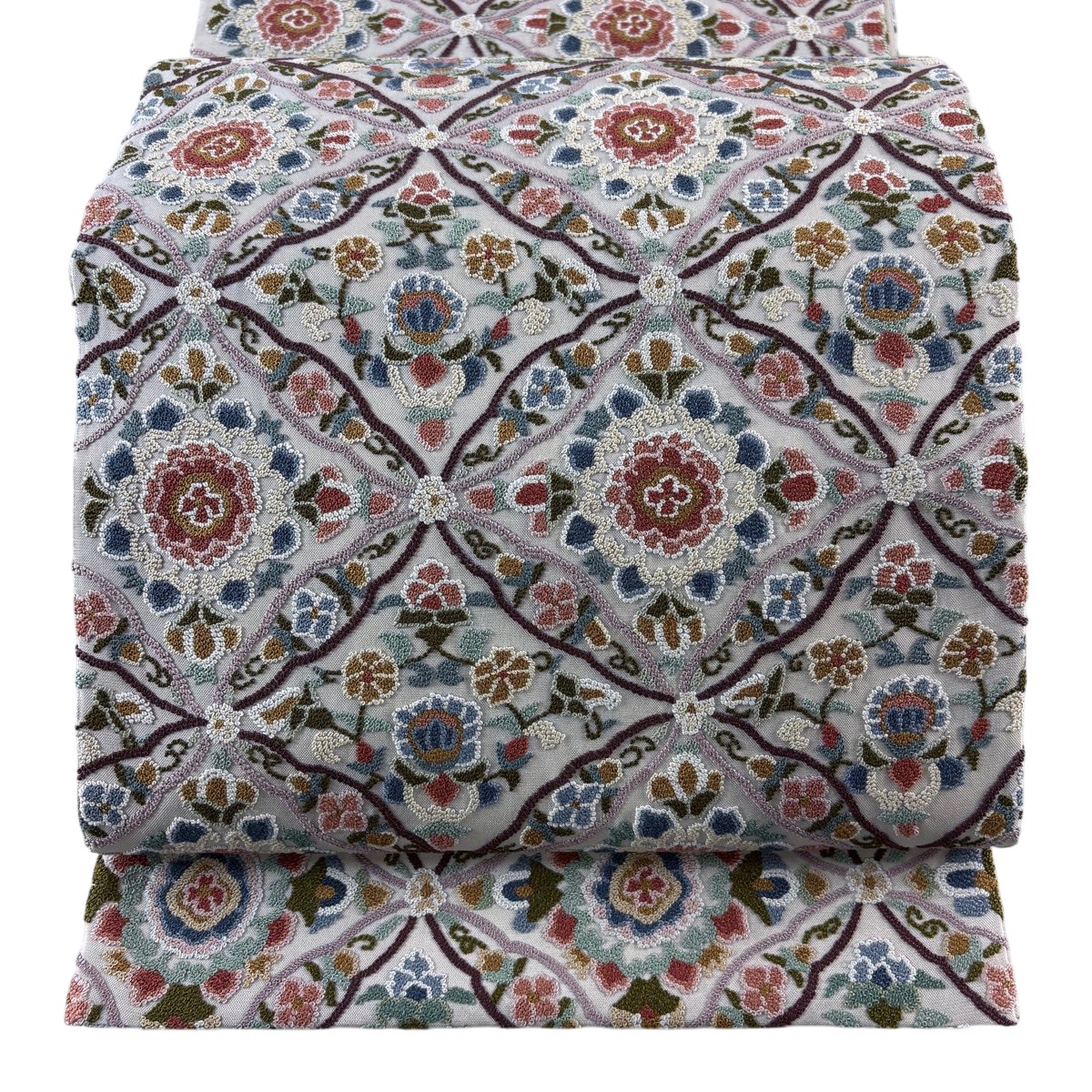 【美品】 袋帯 珠玉 七宝 顕花植物 相良刺しゅう 灰茶 六通 正絹 【中古】 msp29