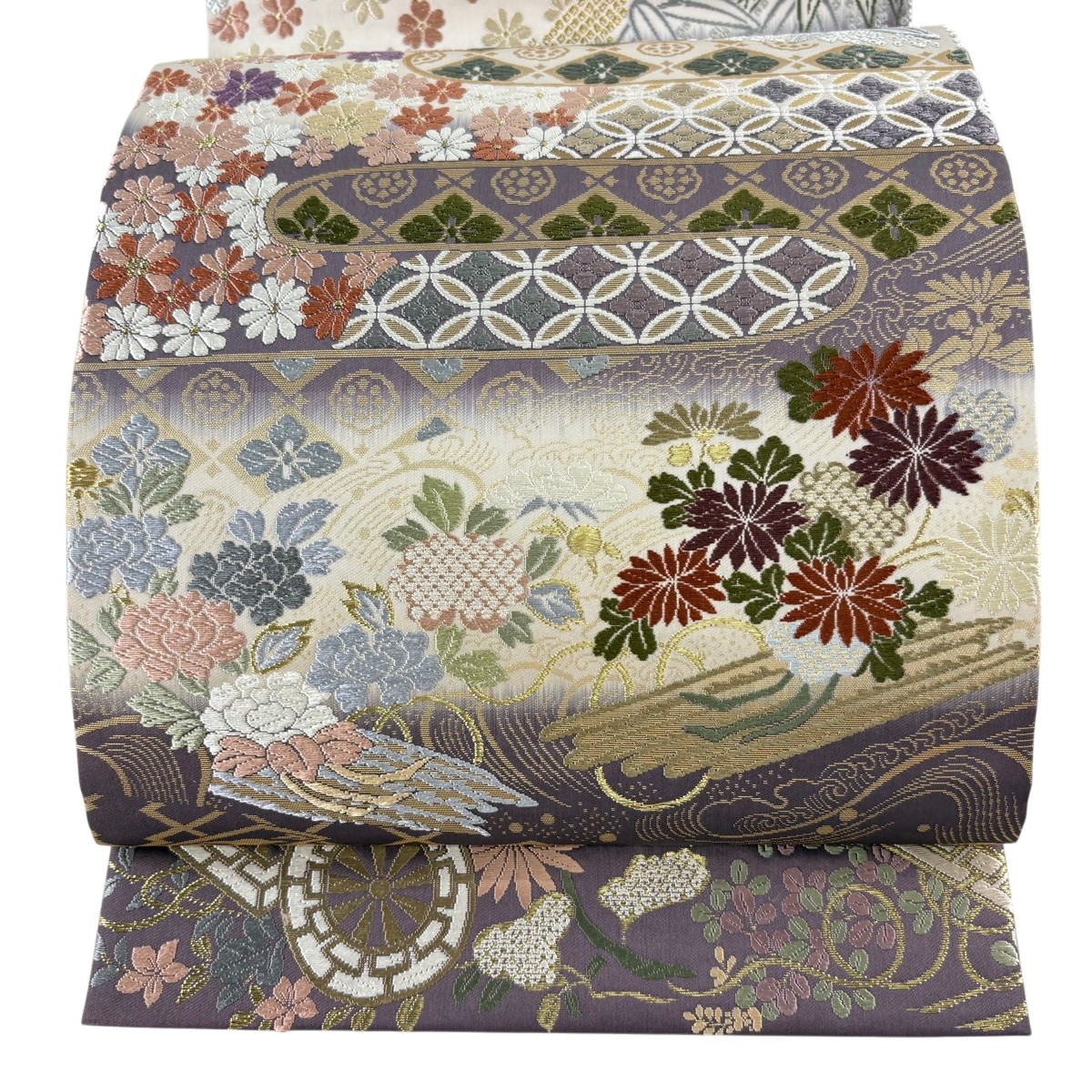 【美品】 袋帯 珠玉 新小石丸 貝紫 本金箔 花筏 七宝 唐織 金糸 灰紫 お太鼓柄 正絹 【中古】