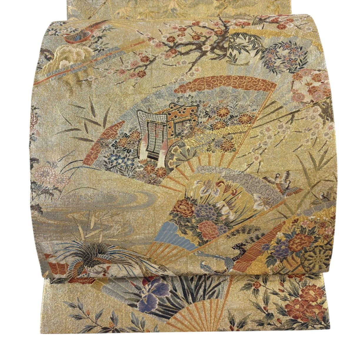 丸帯 珠玉 プラチナ本金箔 壱阡八百口織 桃山扇子屏風文 金糸 金色 お太鼓柄 正絹 【中古】