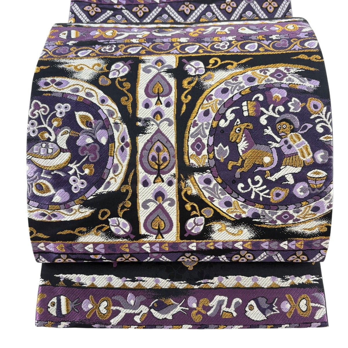 【美品】 袋帯 珠玉 紫根萬葉染 顕花植物 鳥 金糸 黒 六通 正絹 【中古】 msp29