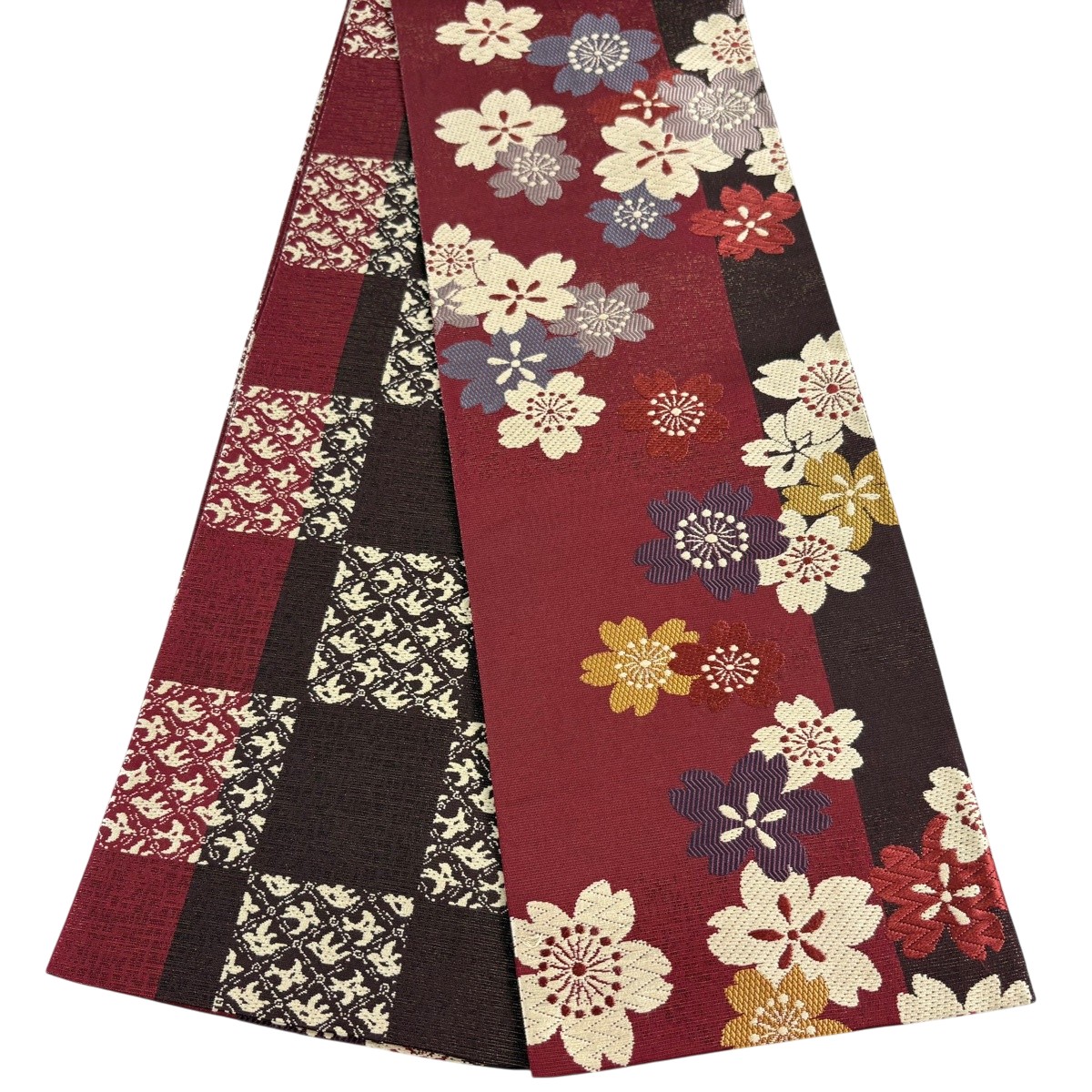 【美品】半幅帯 秀品 桜 縞 金通し 唐織 えんじ色 正絹 【中古】 msp30