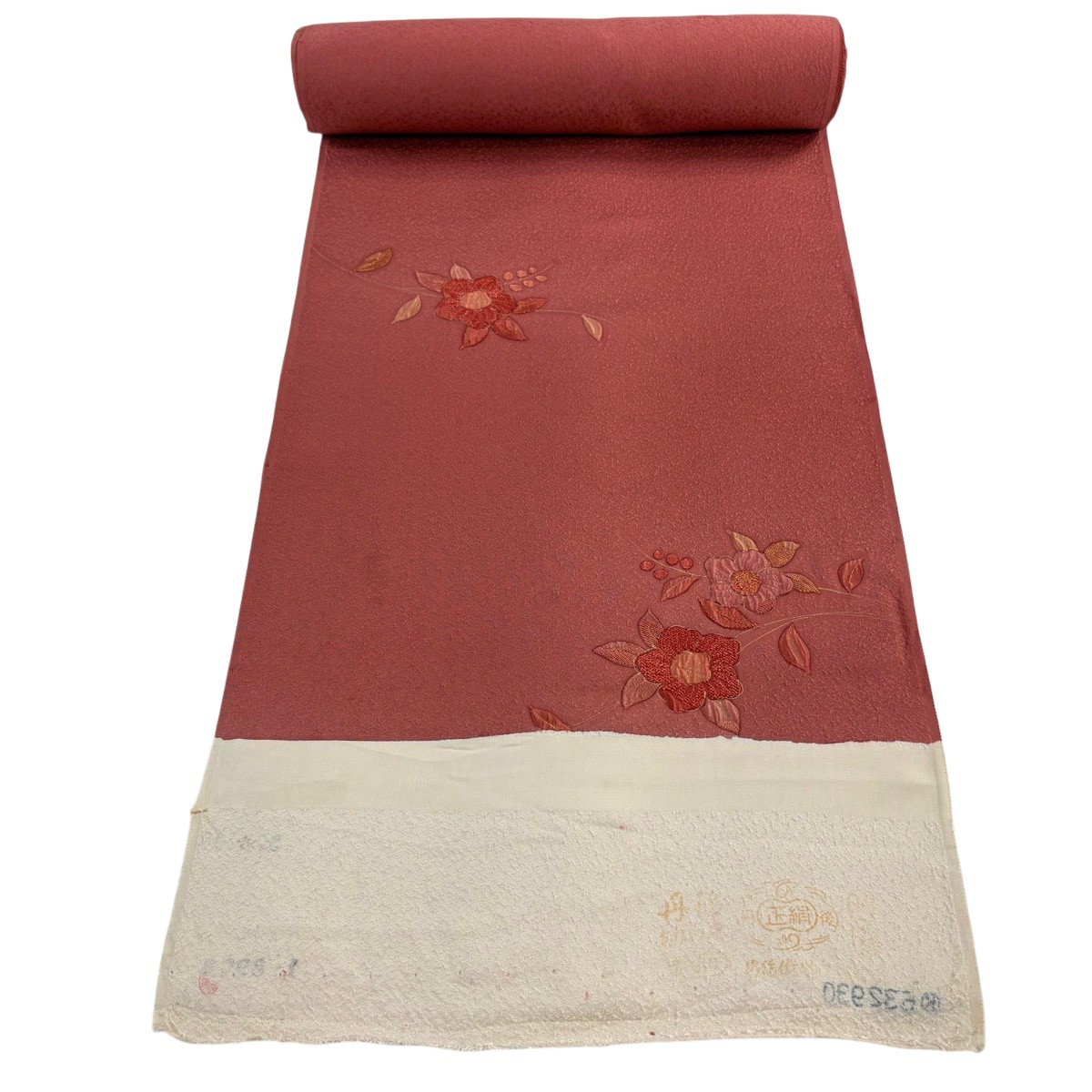 織り地 秀品 小紋 顕花植物 サクラ色ベージュ 正絹 【中古】