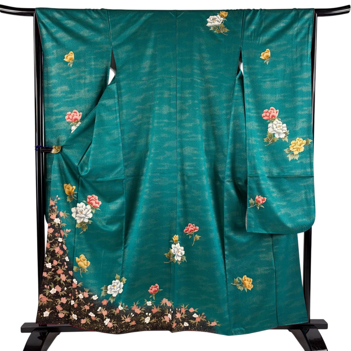 【美品】 振袖 身たけ159糎 裄丈65糎 M 袷 名取り草 桜 金彩 ぼかし 緑 正絹 秀品 【中古】 msp30