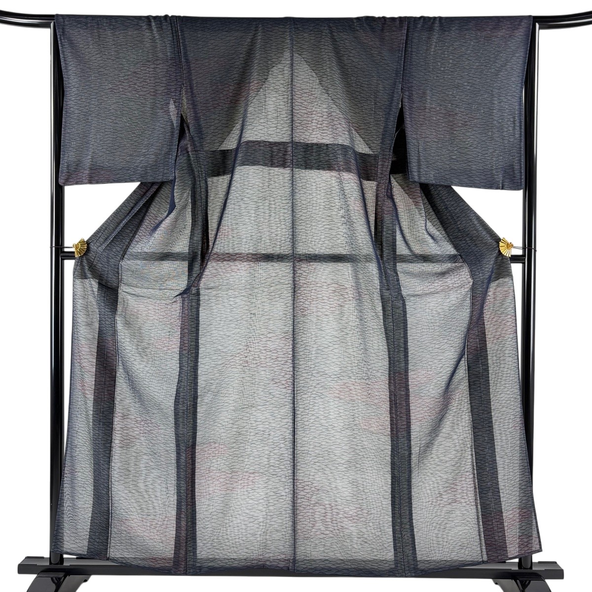 小紋 身たけ157糎 裄丈65.5糎 M 紗絽袷 芝 紺色 正絹 秀品 【中古】 msp30