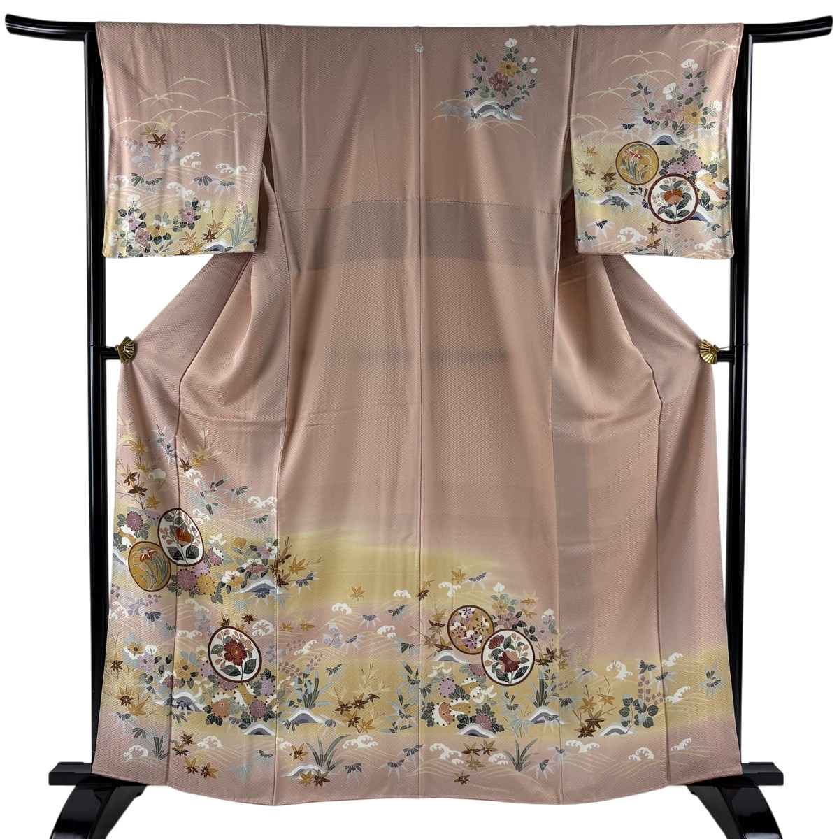 【美品】 短い訪問着 身たけ162糎 裄丈64糎 M 袷 顕花植物 波 ぼかし サクラ色ベージュ 正絹 秀品 一応紋 【中古】 msp30