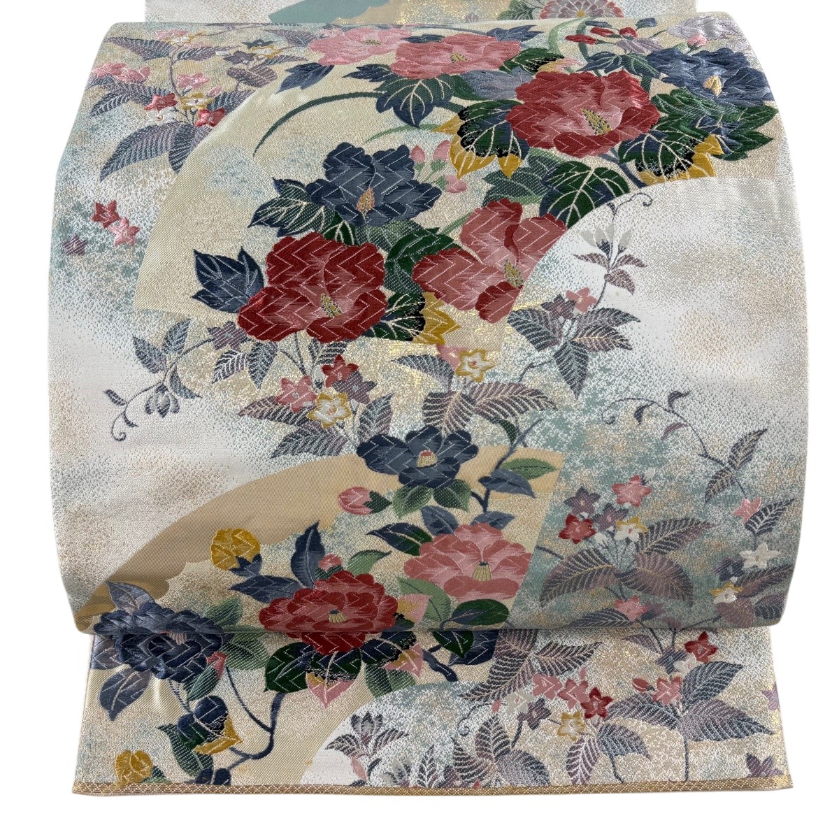 袋帯 神品 関西仕立てもの 顕花植物 扇子 箔 唐織 灰白 全通 正絹 【中古】 msp30