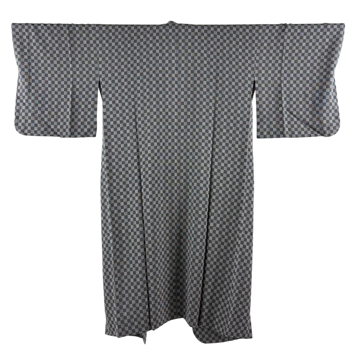 【美品】 道中着 身たけ126糎 裄丈67.5糎 L 和装厚地の外套 御召しもの衿 市松 薄墨色 正絹 珠玉 【中古】 msp29