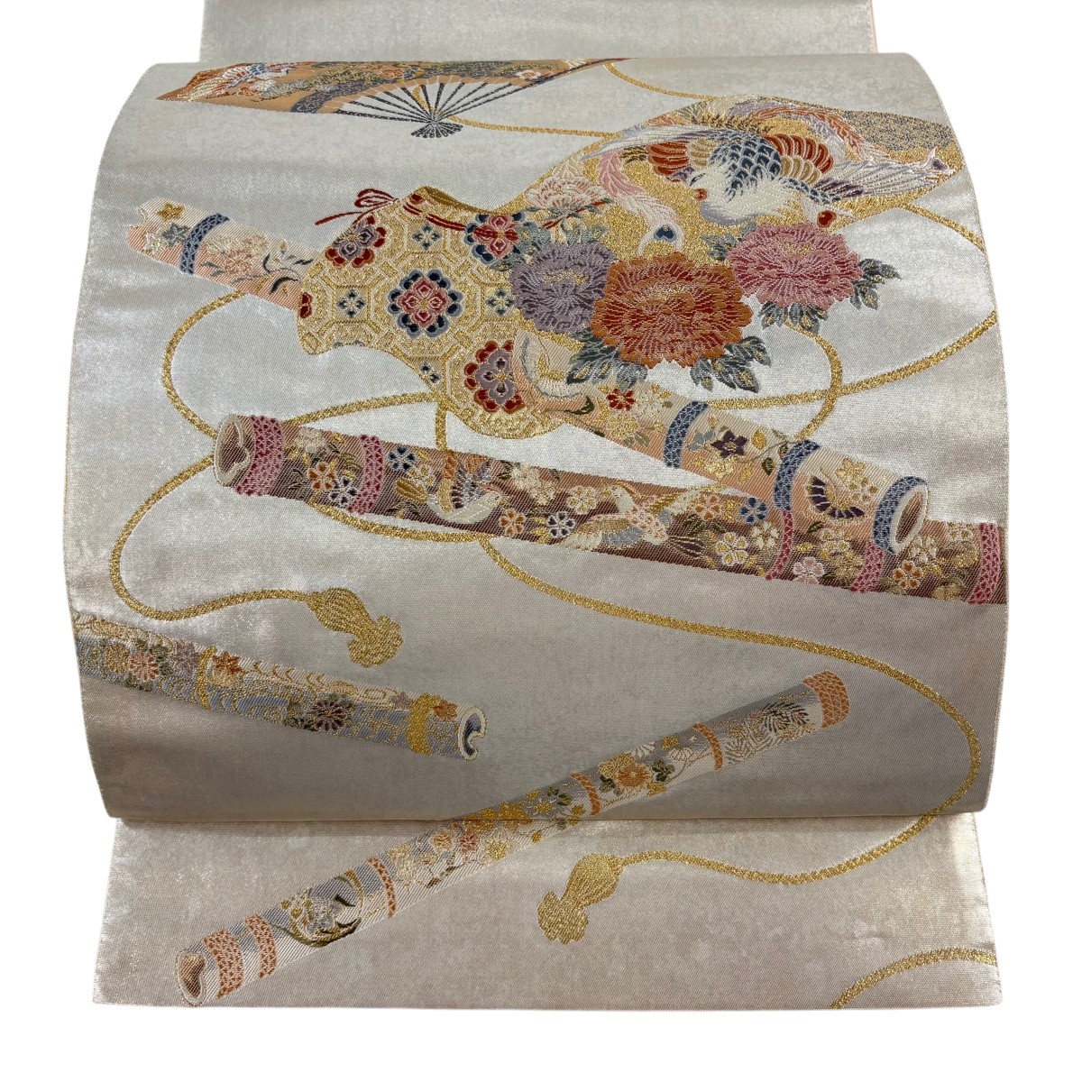 【美品】 袋帯 珠玉 長嶋成布切れ 書き判あり 瀞金錦 桃山の響 扇 鳳凰 箔 灰白 お太鼓柄 正絹 【中古】