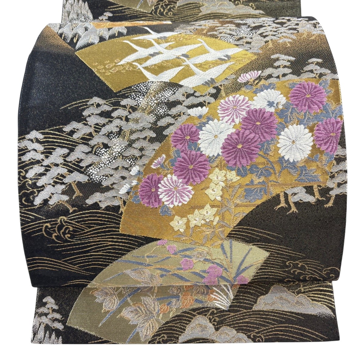 【美品】 袋帯 珠玉 じゅらく 名書きあり じゅらく天津御姉紫 扇子 花鳥 刺しゅう 現ナマ糸 黒 お太鼓柄 正絹 【中古】 msp29