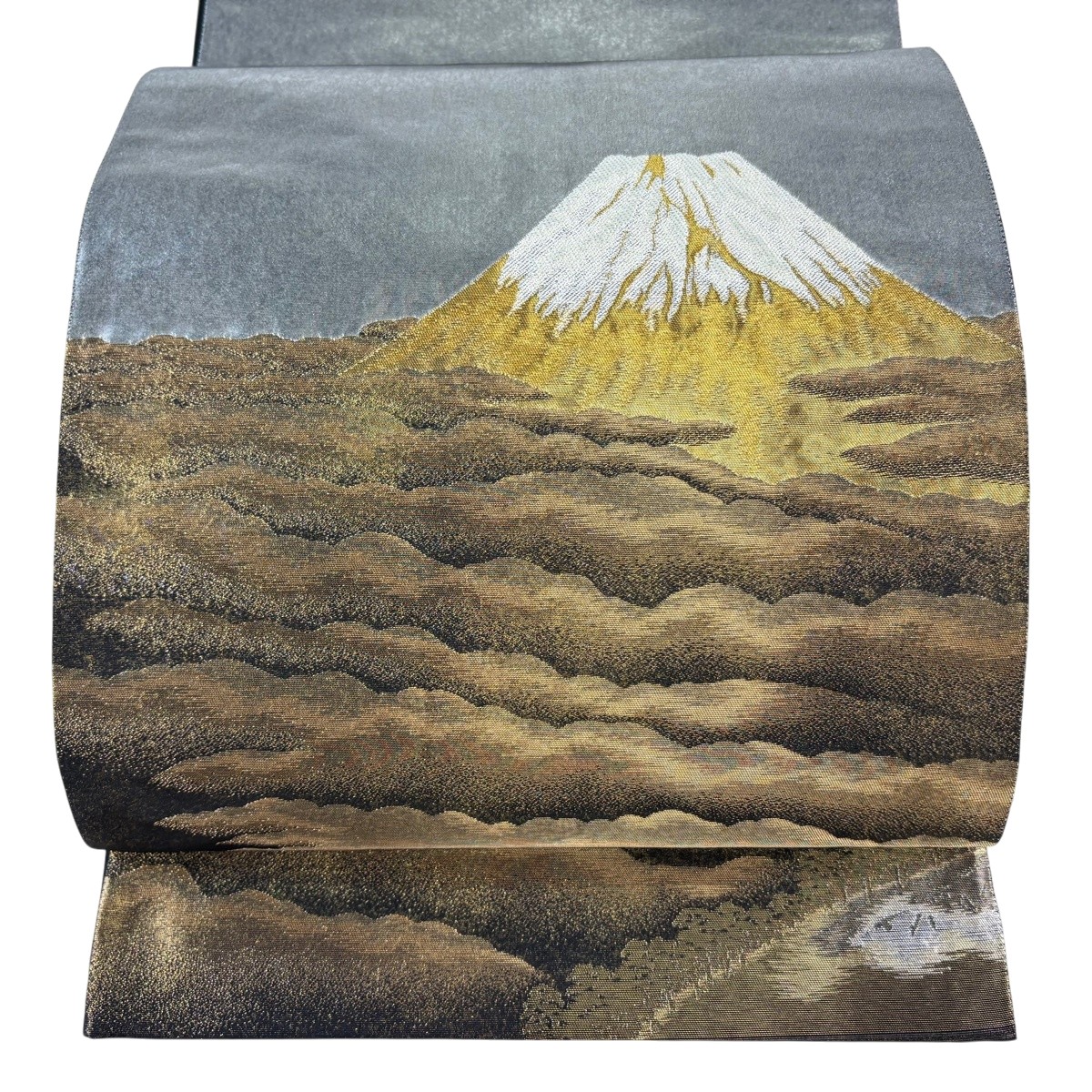 【美品】 袋帯 珠玉 横山大観 名書きあり じゅらく 朝陽雲峰 見晴らし 箔 金糸 黒 お太鼓柄 正絹 【中古】