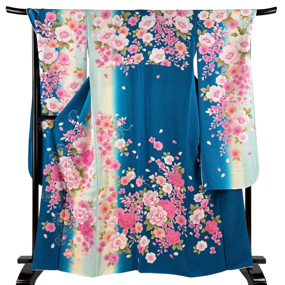 【美品】 振袖 身たけ165糎 裄丈70糎 L 袷 桜 名取り草 箔 銀通し 青緑 正絹 珠玉 【中古】