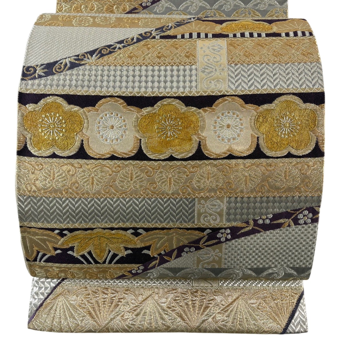 【美品】 袋帯 珠玉 じゅらく 証紙あり 先だつもの繭 松竹梅 横段 現ナマ糸 箔 金色 お太鼓柄 正絹 【中古】 msp29