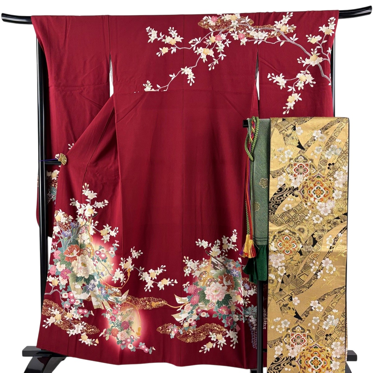 【美品】 振袖 身たけ161糎 裄丈68糎 L 袷 袋帯フルセット 鈴乃屋 被子植物 鼓 金彩 ぼかし 赤 正絹 秀品 【中古】