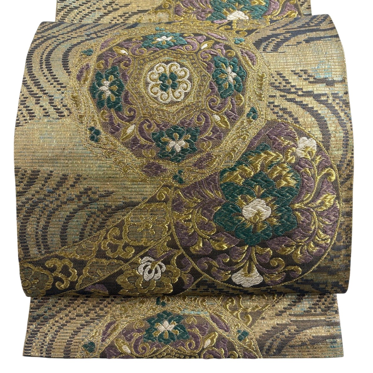 袋帯 神品 鏡裏文 顕花植物 金糸 箔 鶯色 六通 正絹 【中古】 msp30