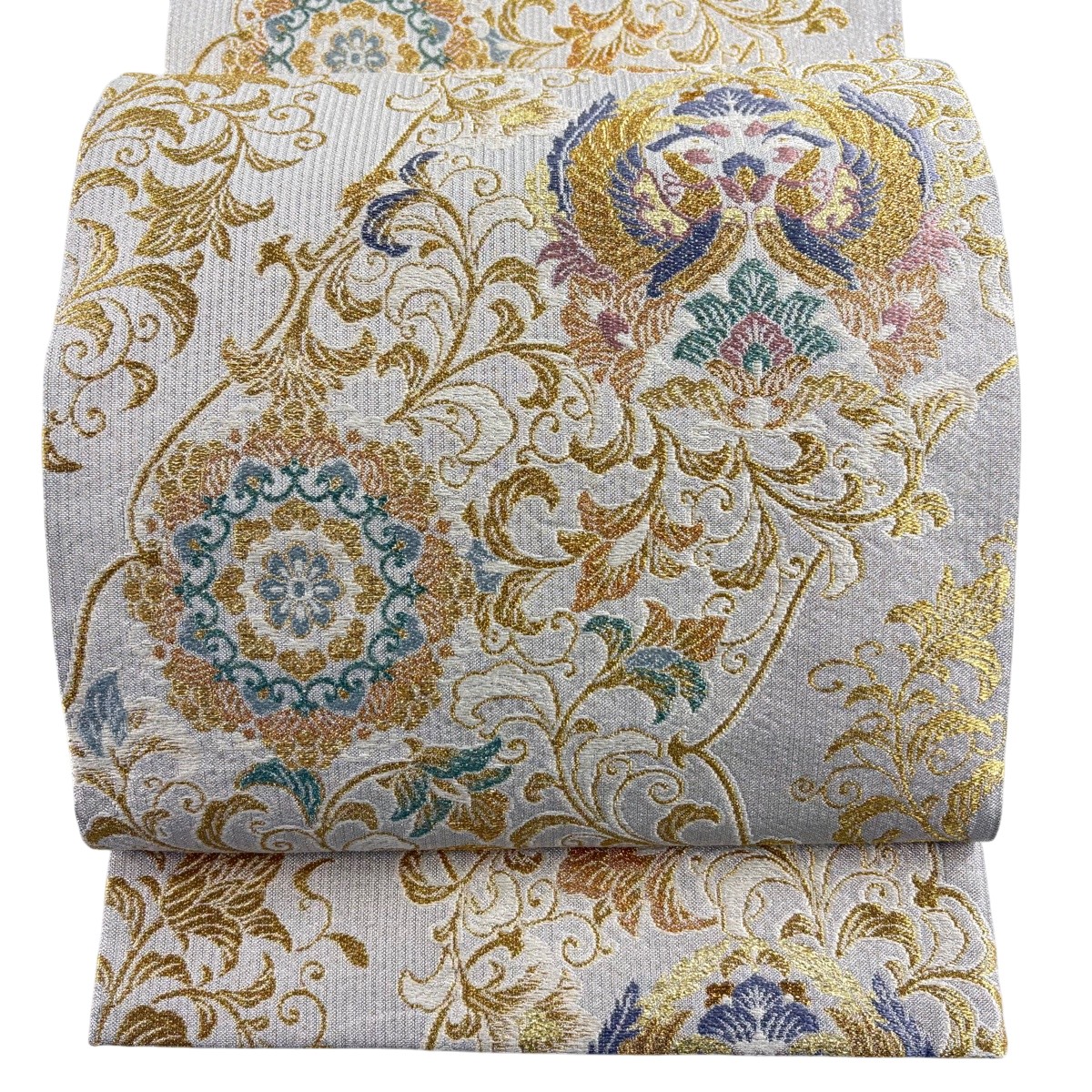【美品】 袋帯 傑作 向こうっ面鳥 華文 現ナマ糸 箔 しろがね色 六通 正絹 【中古】 レディースファッション-帯-和服