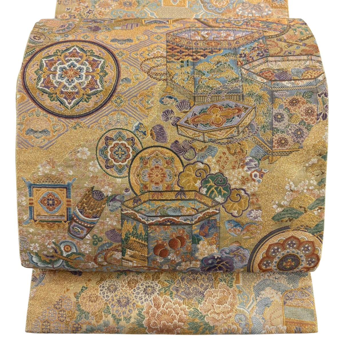 袋帯 神品 貝桶 和楽器 金糸 箔 金色 六通 正絹 【中古】 msp30