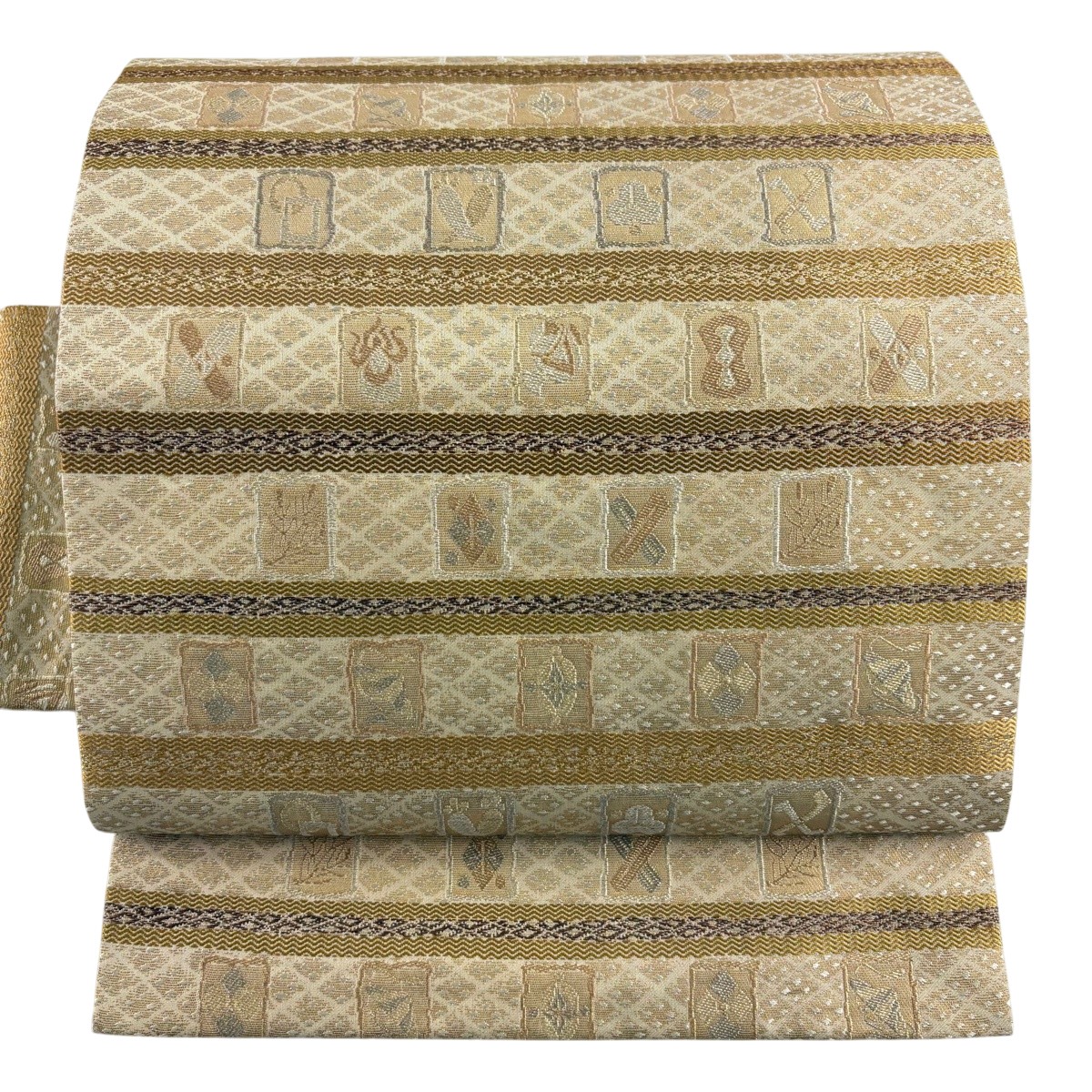 【美品】 名古屋帯 名品 段縞模様 宝尽くし 金糸 箔 ベージュ 正絹 【中古】｜バイセル 店