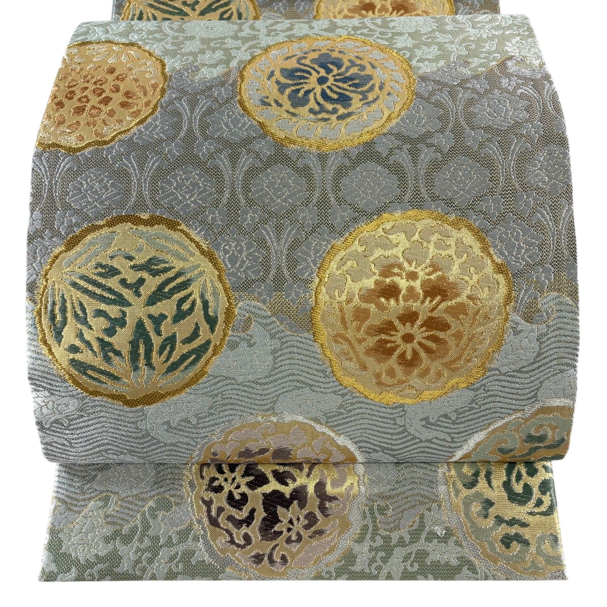 袋帯 神品 華文 荒磯 現ナマ糸 唐織 薄緑 六通 正絹 【中古】 msp30