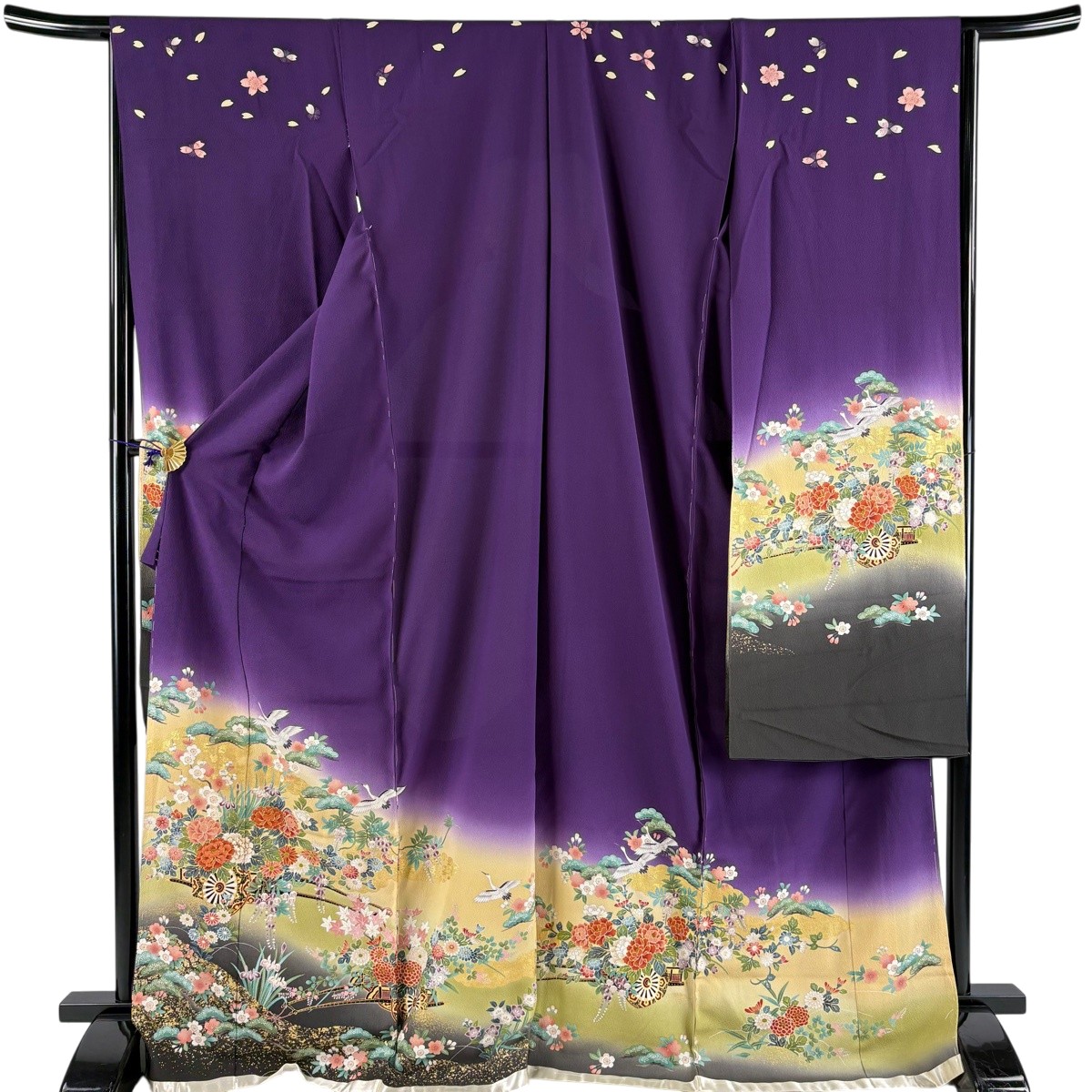 【美品】 振袖 身たけ173糎 裄丈68糎 未仕立てもの 仮絵羽 割れ易い 笠松 金糸 金彩 紫 正絹 秀品 【中古】 msp30