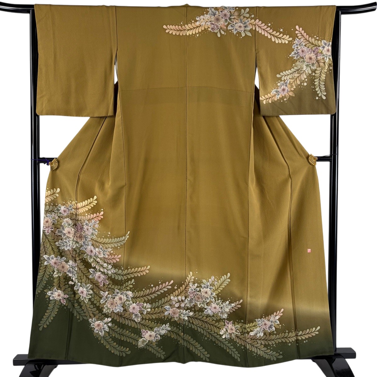 【美品】 短い訪問着 身たけ159.5糎 裄丈64糎 M 袷 名書きあり 辻が花 葉 金彩 ぼかし 山吹赤銅色 正絹 秀品 【中古】 msp30