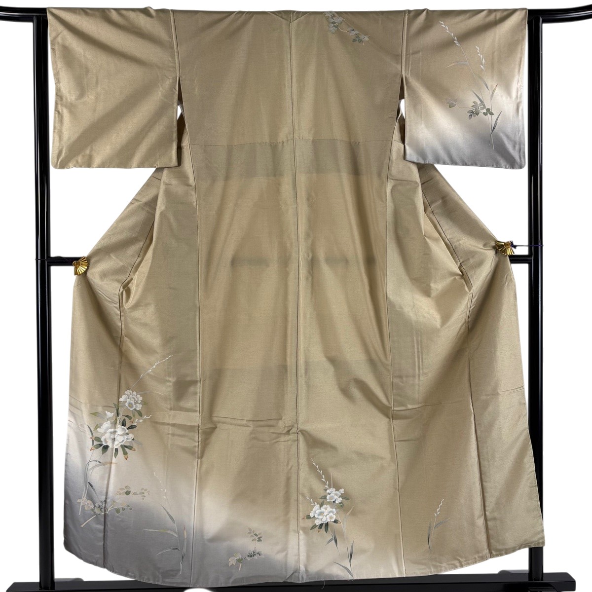 【美品】 短い訪問着 身たけ155糎 裄丈62.5糎 S 袷 紬地 顕花植物 葉 ぼかし 染め分け うす茶色色 正絹 秀品 【中古】 msp30