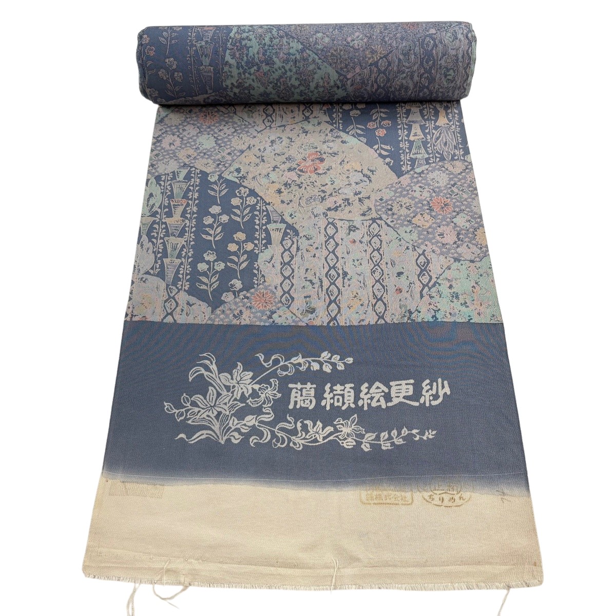 織り地 秀品 小紋 顕花植物 寄せ柄 青薄墨色 正絹 【中古】