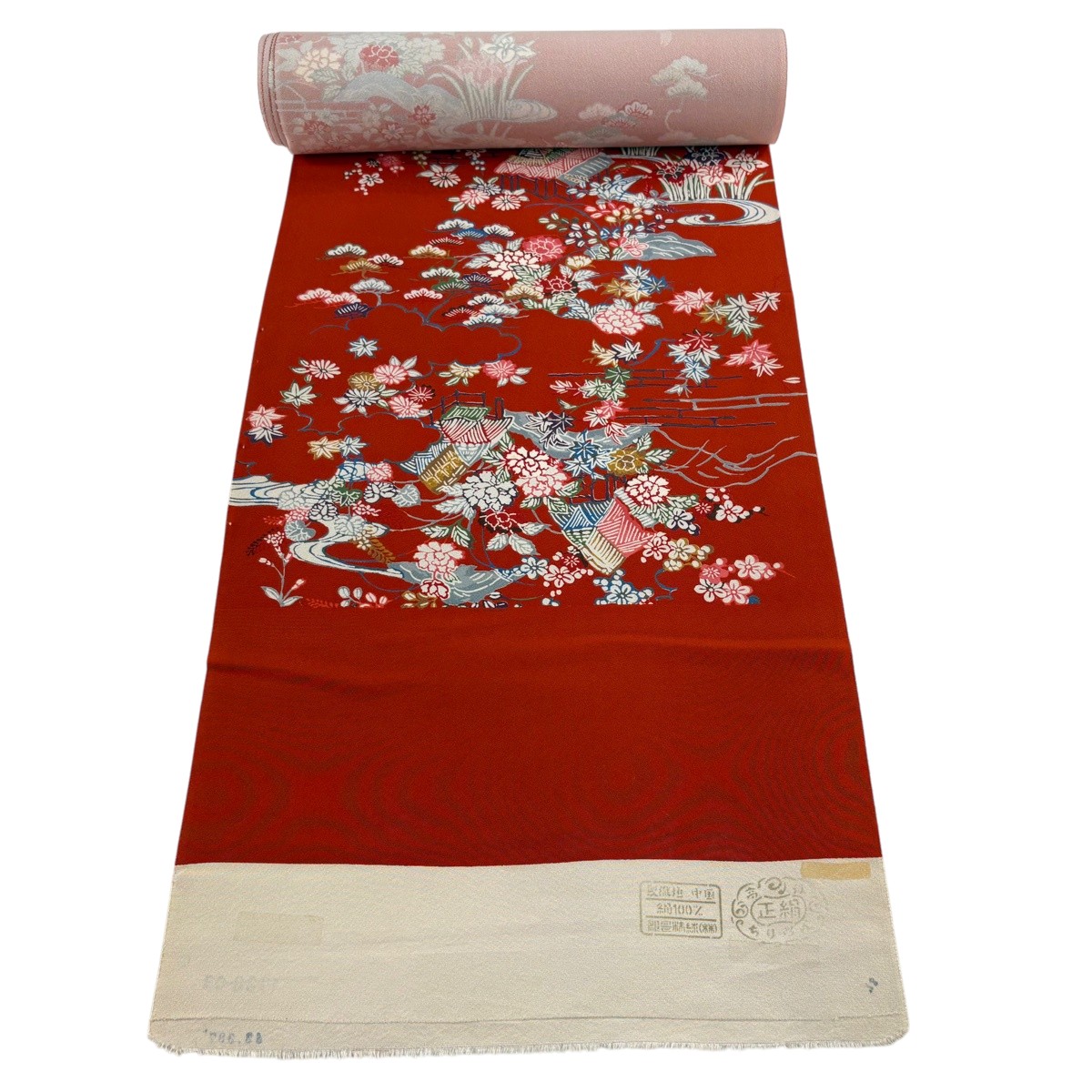織り地 秀品 小紋 建築物 名取り草 緋色 正絹 【中古】