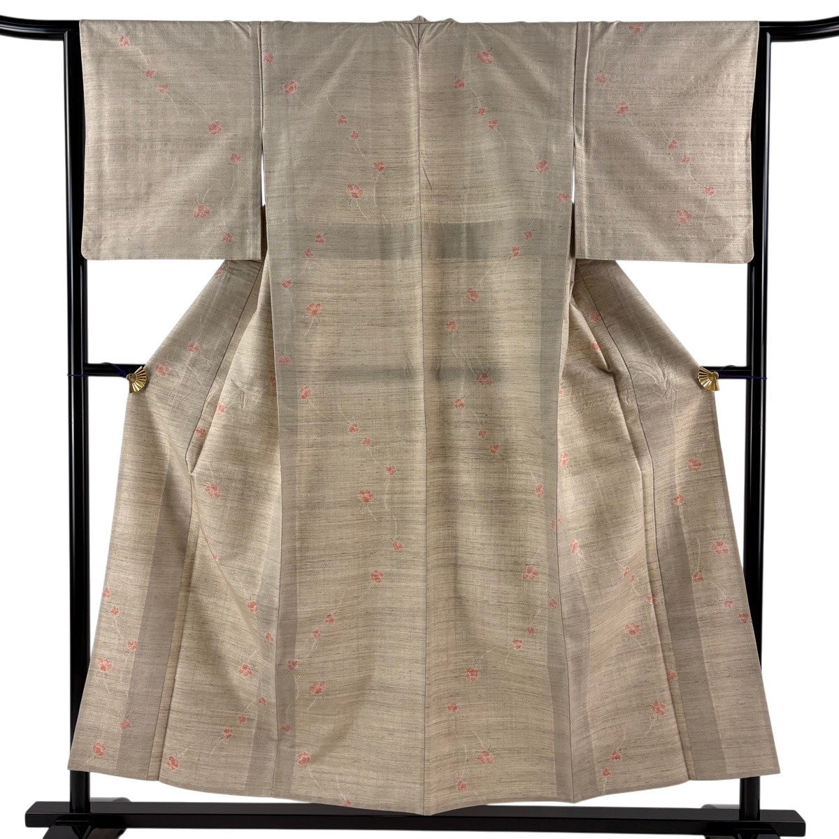 紬 身たけ152.5糎 裄丈64糎 M 単衣 顕花植物 うす茶色色 正絹 秀品 【中古】 msp30