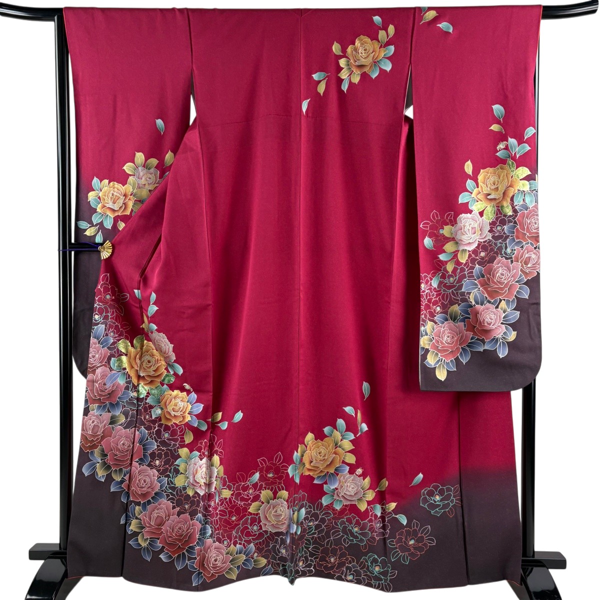 【美品】 振袖 身たけ165.5糎 裄丈65.5糎 M 袷 ローズ てんとう虫 現ナマ彩 金通し 赤紫 正絹 秀品 【中古】 msp30