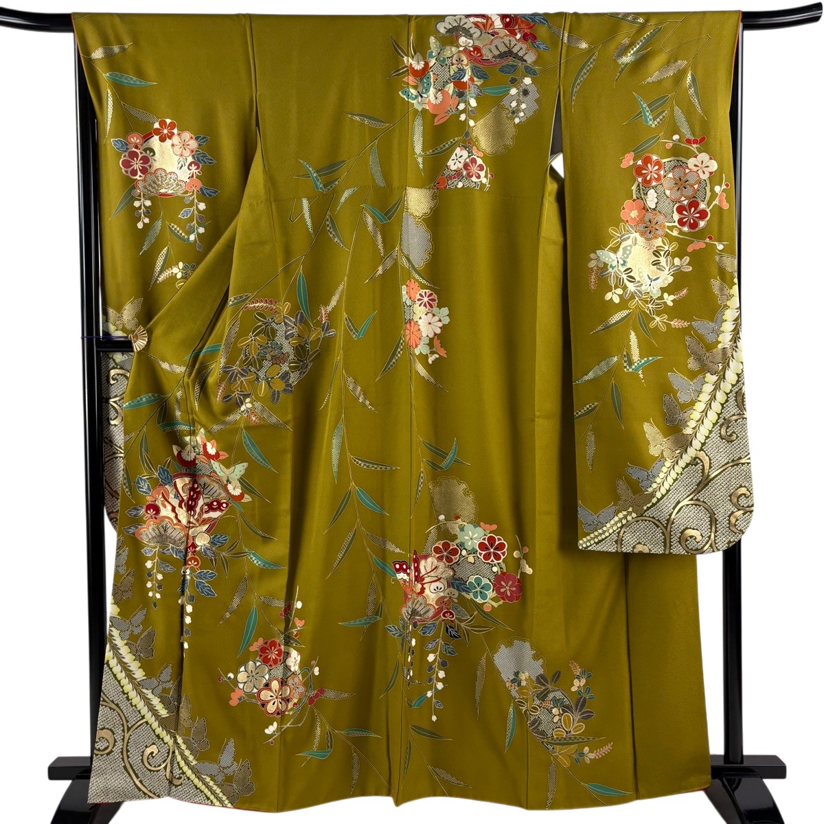 【美品】 振袖 身たけ163糎 裄丈66.5糎 M 袷 蝶 橘 金糸 金彩 鶯色 正絹 秀品 【中古】 msp30