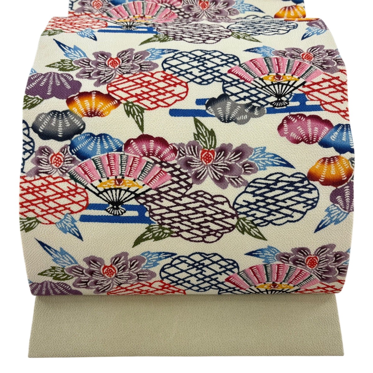 【美品】 開き名古屋帯 珠玉 玉那覇有公 名書きあり 顕花植物 扇 琉球紅型 ベージュ 正絹 【中古】 msp29