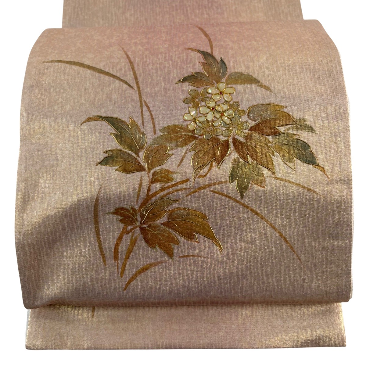 袋帯 名篇 顕花植物 螺鈿 現ナマ彩 金色 お太鼓柄 正絹 【中古】 msp30