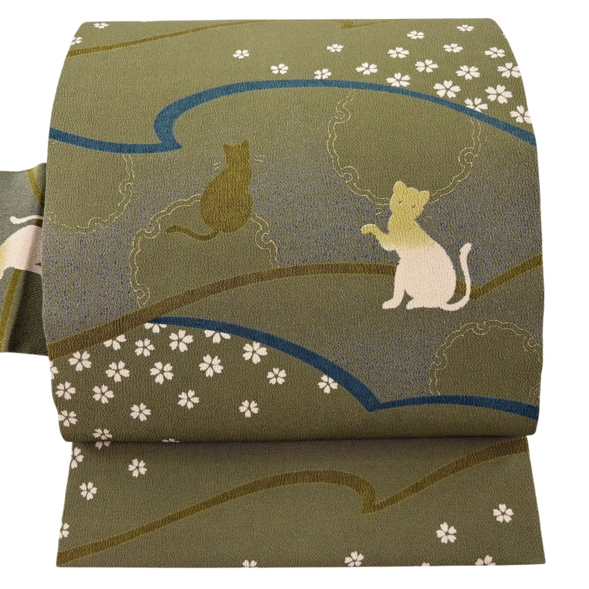【美品】 名古屋帯 珠玉 ねこ 雪輪 クレープ 金彩 よもぎ色 正絹 【中古】