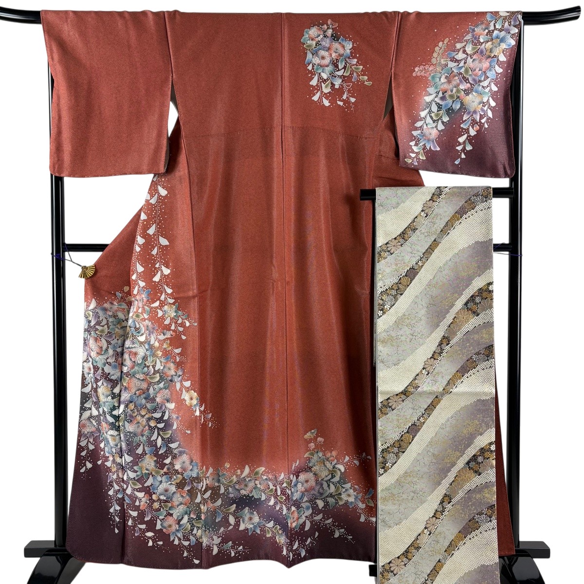 【美品】 短い訪問着 身たけ161糎 裄丈67.5糎 L 袷 袋帯仕掛ける 辻が花柄 銀通し 染め分け オレンジ色 正絹 秀品 【中古】