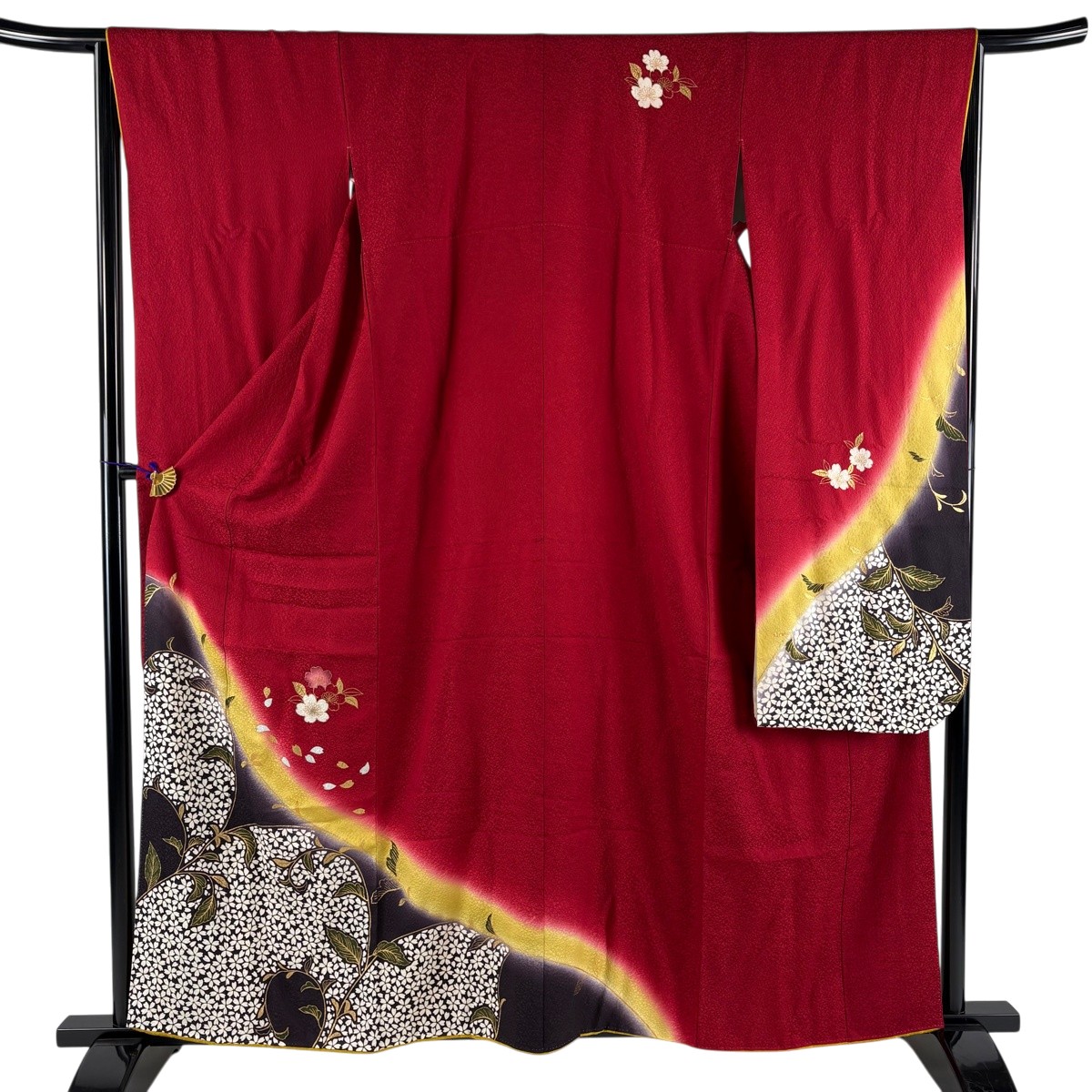 【美品】 振袖 身たけ158.5糎 裄丈65糎 M 袷 桜 唐草 現ナマ彩 ぼかし 赤 正絹 秀品 【中古】 msp30