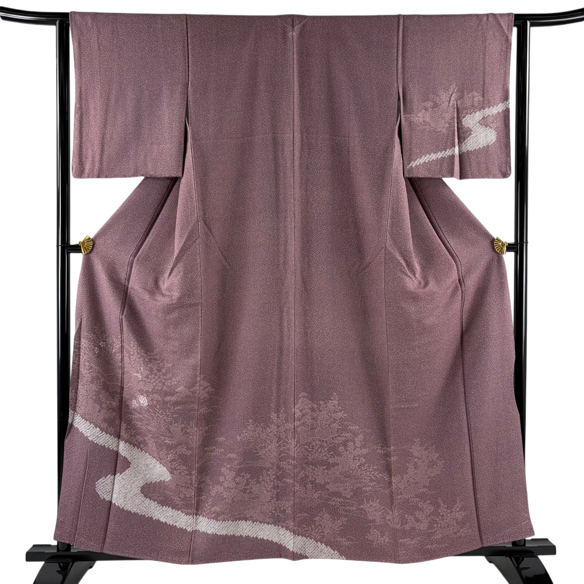 【美品】 短い訪問着 身たけ157.5糎 裄丈64糎 M 袷 顕花植物 水筋 刺しゅう 絞り 紫 正絹 秀品 一応紋 【中古】 msp30