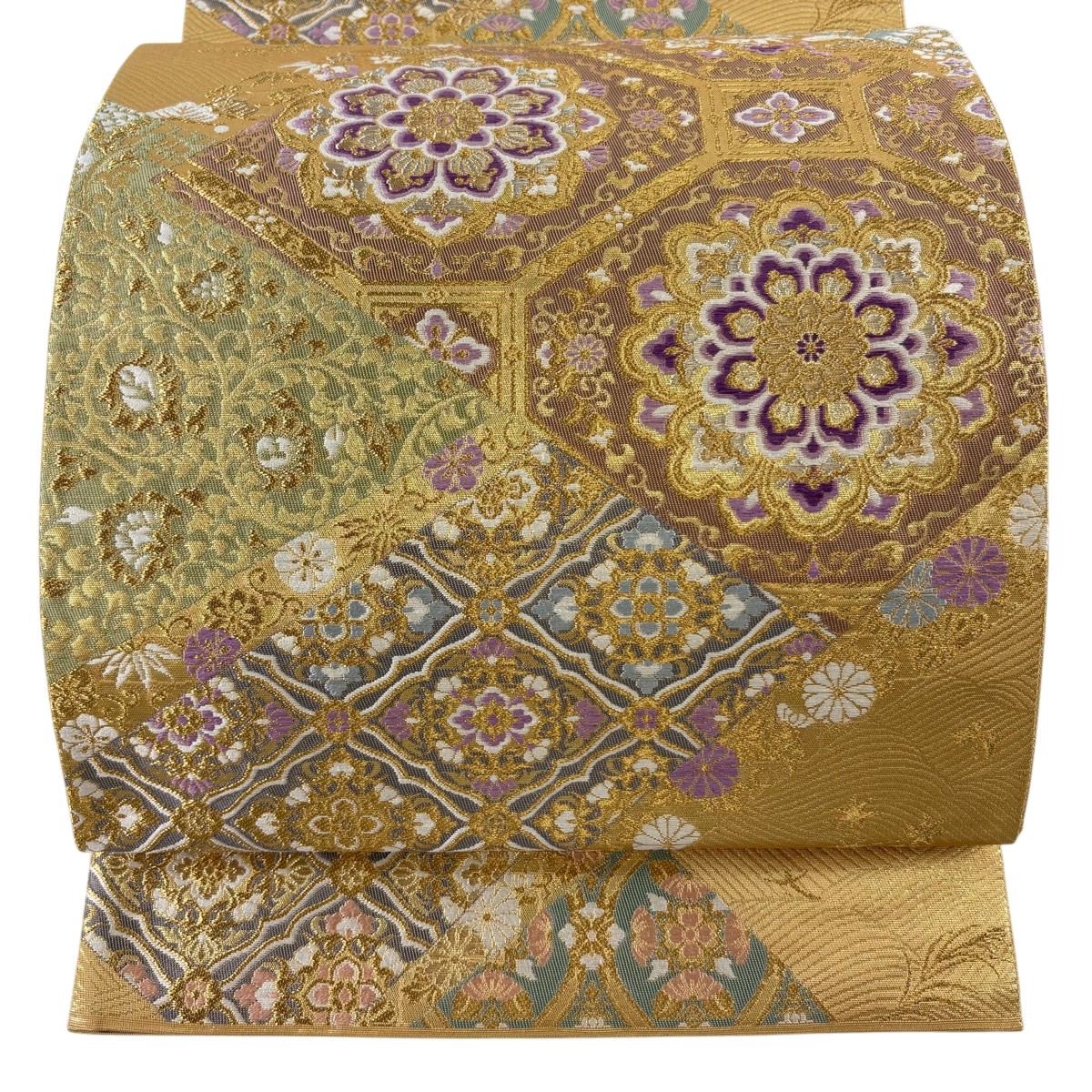 【美品】 丸帯 珠玉 じゅらく 名書きあり 天津御姉紫 蜀江華文 波 現ナマ糸 箔 山吹色 お太鼓柄 正絹 【中古】 msp29