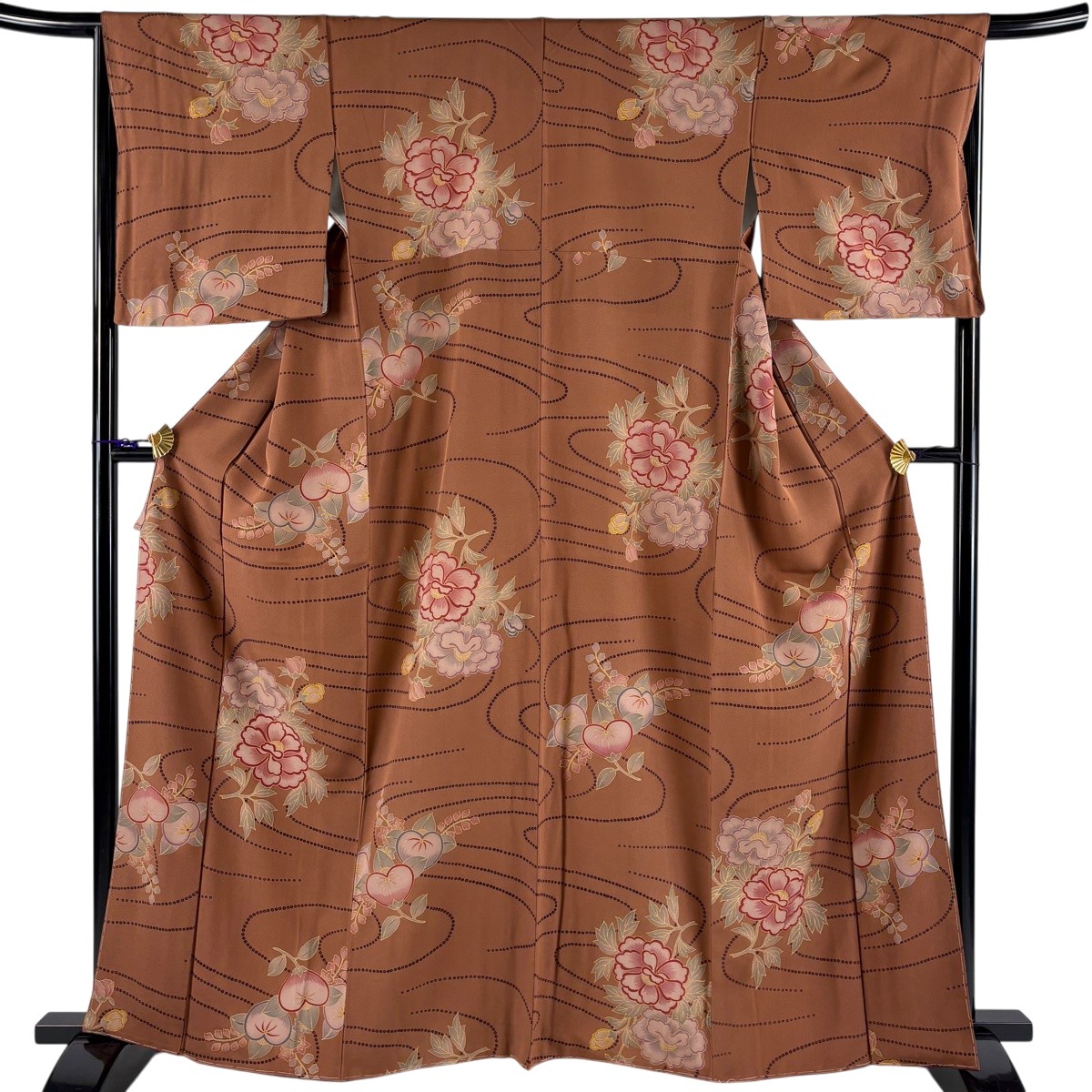 【美品】 小紋 身丈163.5cm 裄丈66cm M 袷 草花 流水 金彩 茶色 正絹 名品 【中古】｜バイセル 店