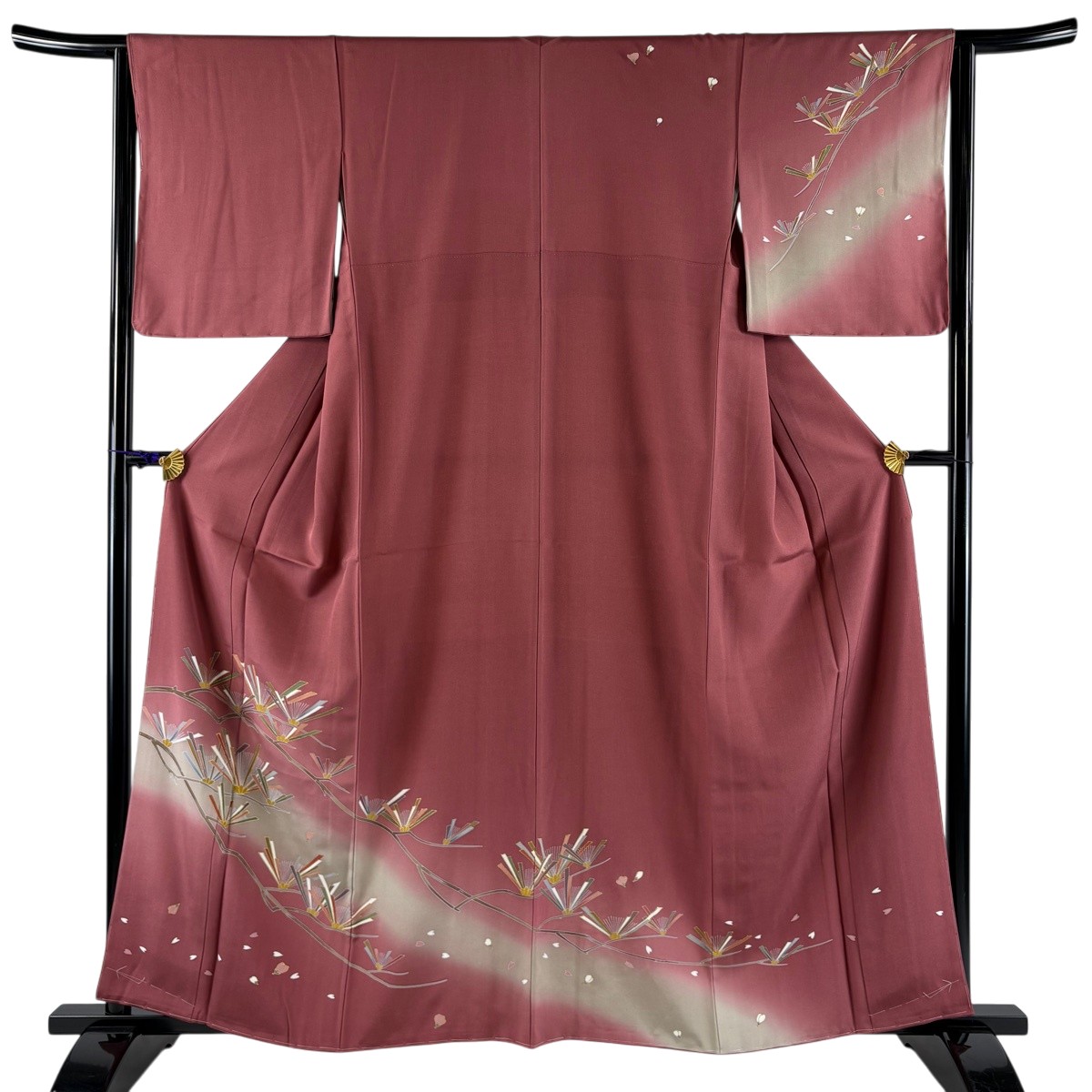 【美品】 短い訪問着 身たけ160糎 裄丈64糎 M 袷 松 花片 金彩 ぼかし 赤紫 正絹 秀品 【中古】 msp30