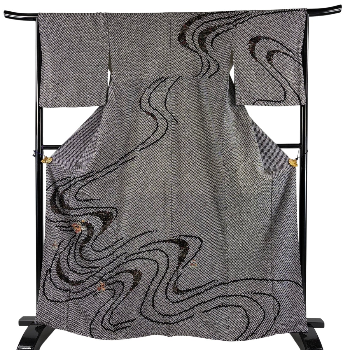 訪問着 身丈165.5cm 裄丈66cm M 袷 草花 流水 刺繍 総絞り 黒 正絹 名品 【中古】｜バイセル 店