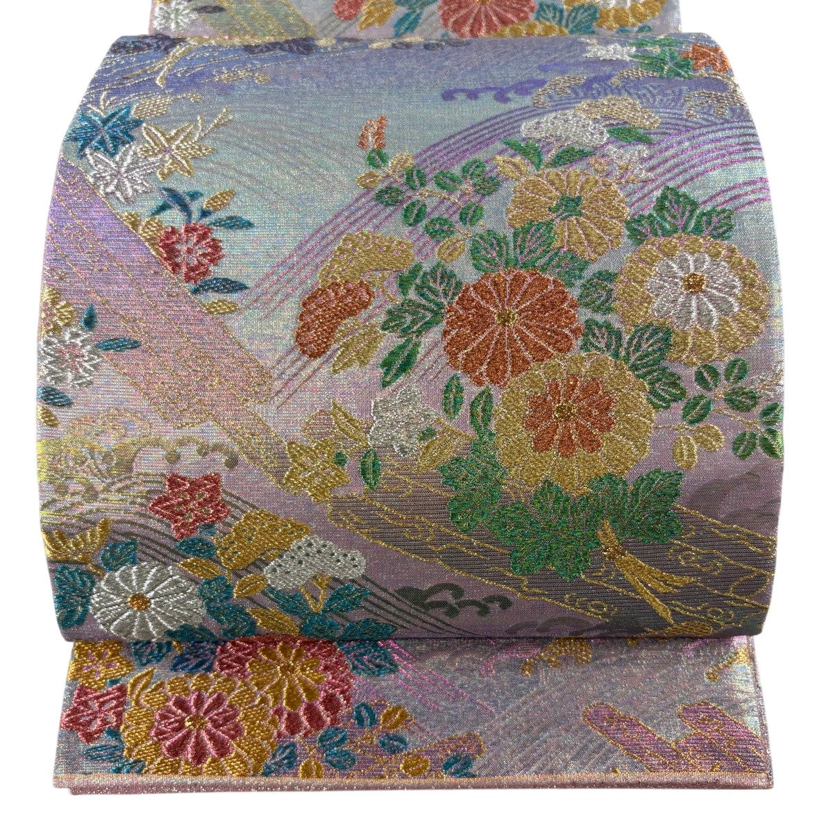 【美品】 袋帯 珠玉 佐波理 名書きあり 綴れ 顕花植物筏文様 現ナマ糸 箔 薄紫 六通 正絹 【中古】 msp29