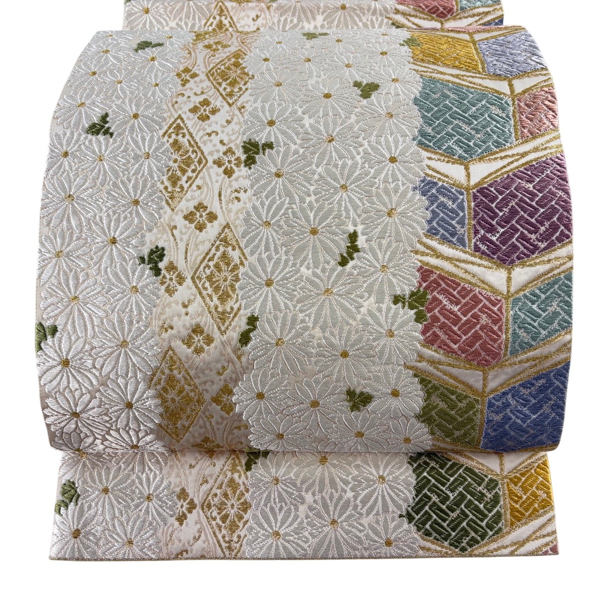 【美品】 袋帯 珠玉 関西仕立てもの 菊 菱 金糸 唐織 灰茶 六通 正絹 【中古】
