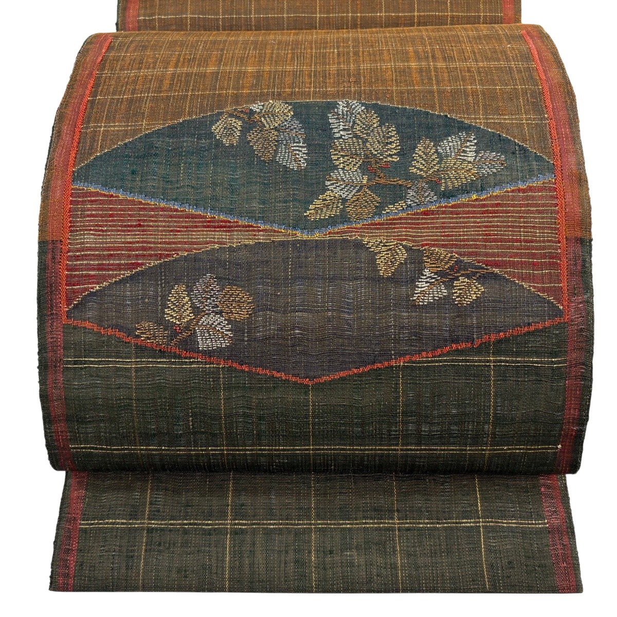 【美品】 袋帯 珠玉 渡文 書き判あり リヴァーシブル 枝葉 縞 現ナマ糸 赤銅色 お太鼓柄 正絹 【中古】