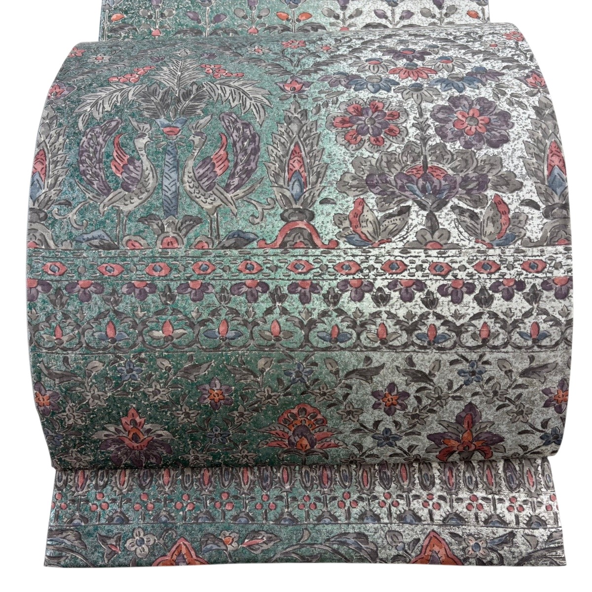 【美品】 袋帯 珠玉 名書きあり 牛首紬地 顕花植物 向こうっ面鳥 銀彩 灰緑 お太鼓柄 正絹 【中古】