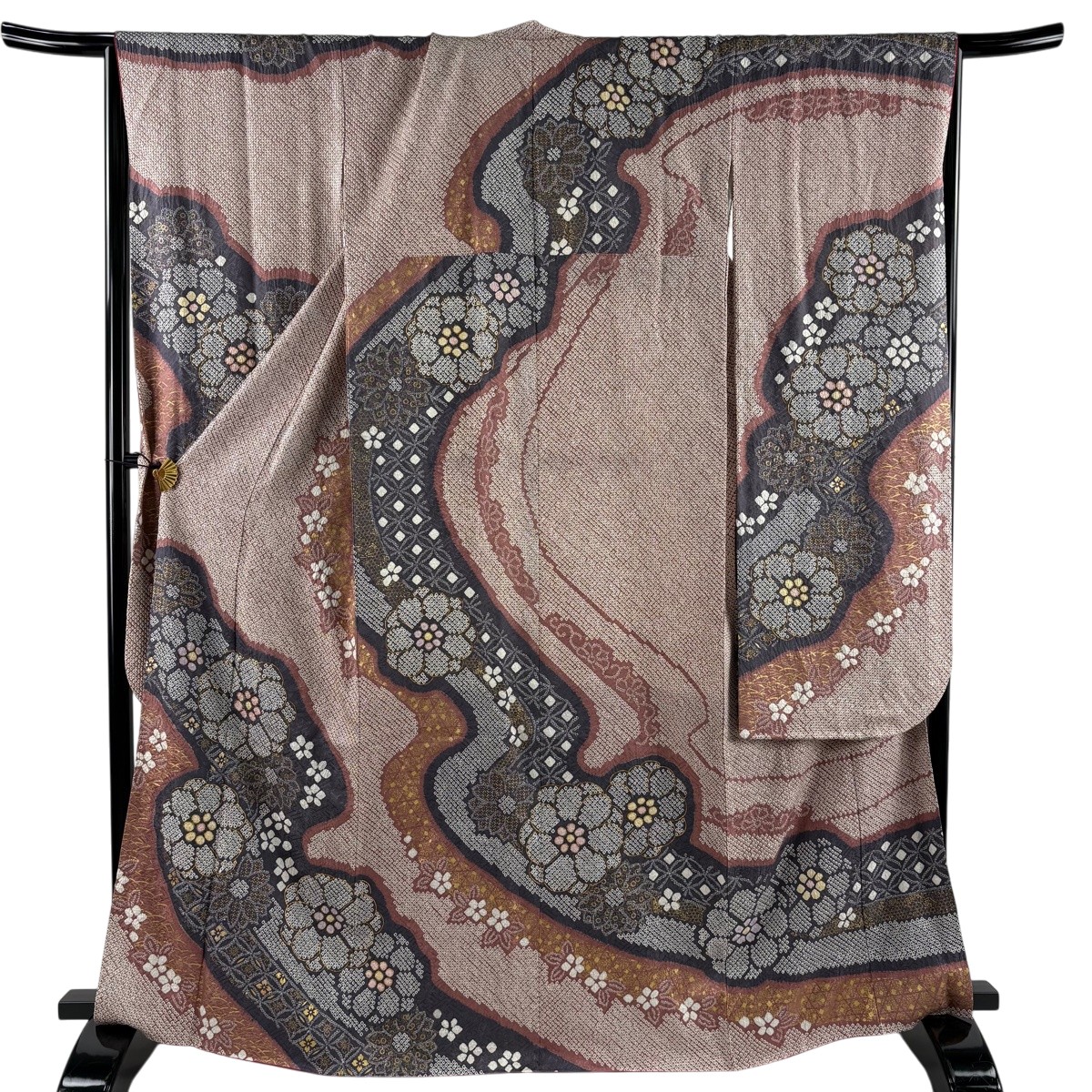 【美品】 振袖 身たけ166.5糎 裄丈67糎 M 袷 花 霞 総絞り 金彩 薄アズキ 正絹 珠玉 【中古】