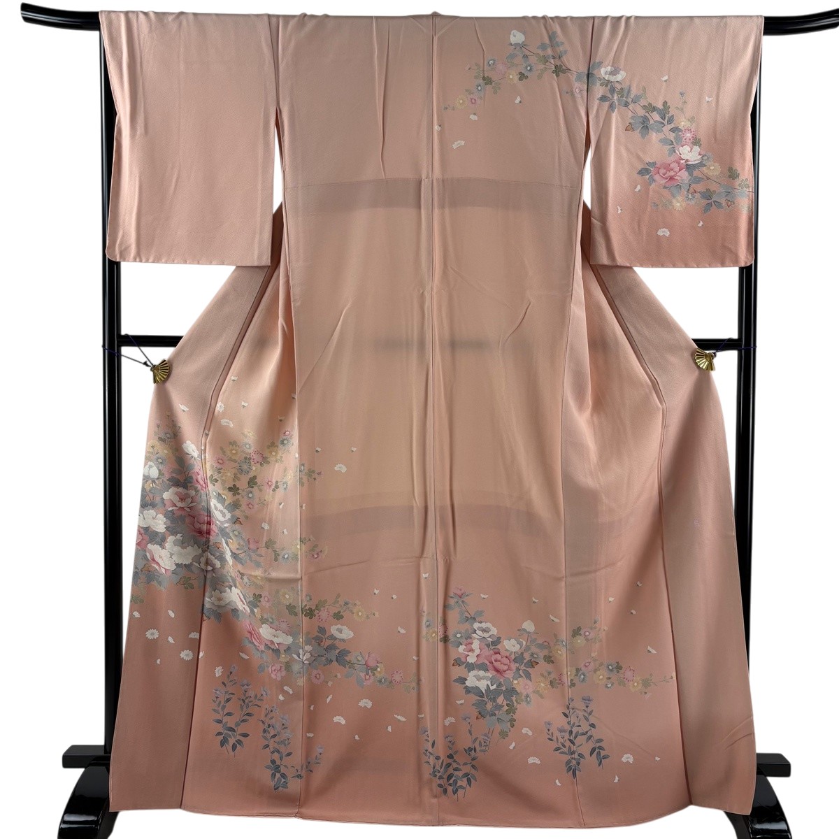 【美品】 短い訪問着 身の丈168.5糎 裄丈68糎 L 袷 書き判あり 菊 名取り草 ぼかし サクラ色 正絹 秀品 【中古】 msp30